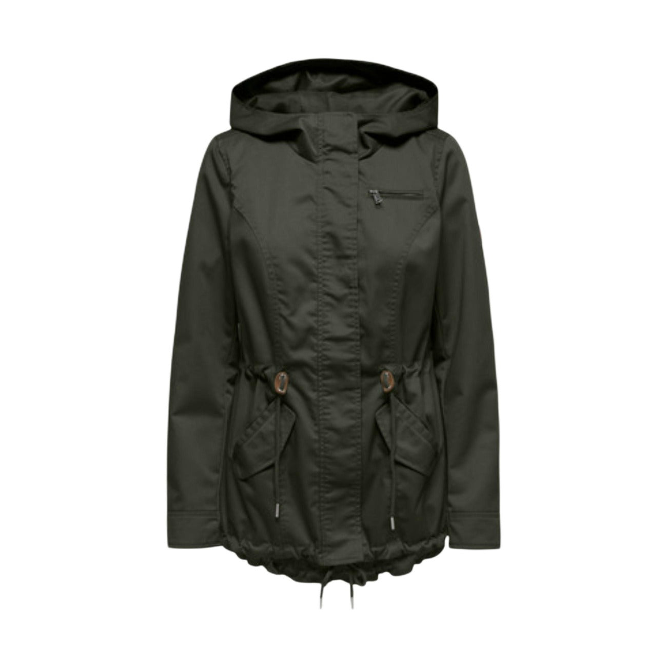 parka da donna Only Onllorca Life Canvas Cc Otw. Realizzato con una composizione eco-sostenibile di 80% poliestere riciclato e 20% cotone, pratico cappuccio, chiusura frontale con zip coperta da patta e bottoni a pressione, tasche laterali con patta e una tasca con zip sul petto. Vista frontale