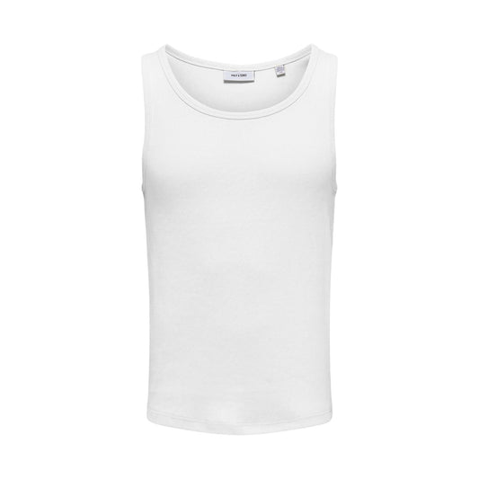 Only & Sons Onstanner Tank Top; cotone elasticizzato, cuciture rinforzate, traspirante. La canotta basica e resistente essenziale per il guardaroba maschile. Colore bianco. Vista frontale 