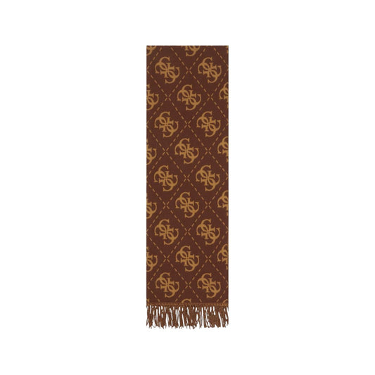 Sciarpa Guess donna logo all over AW5217 VIS03. Stola invernale bicolore in maglia morbida con loghi Guess, estremità con frange e misure 94x100 cm, collezione autunno inverno. Marrone 