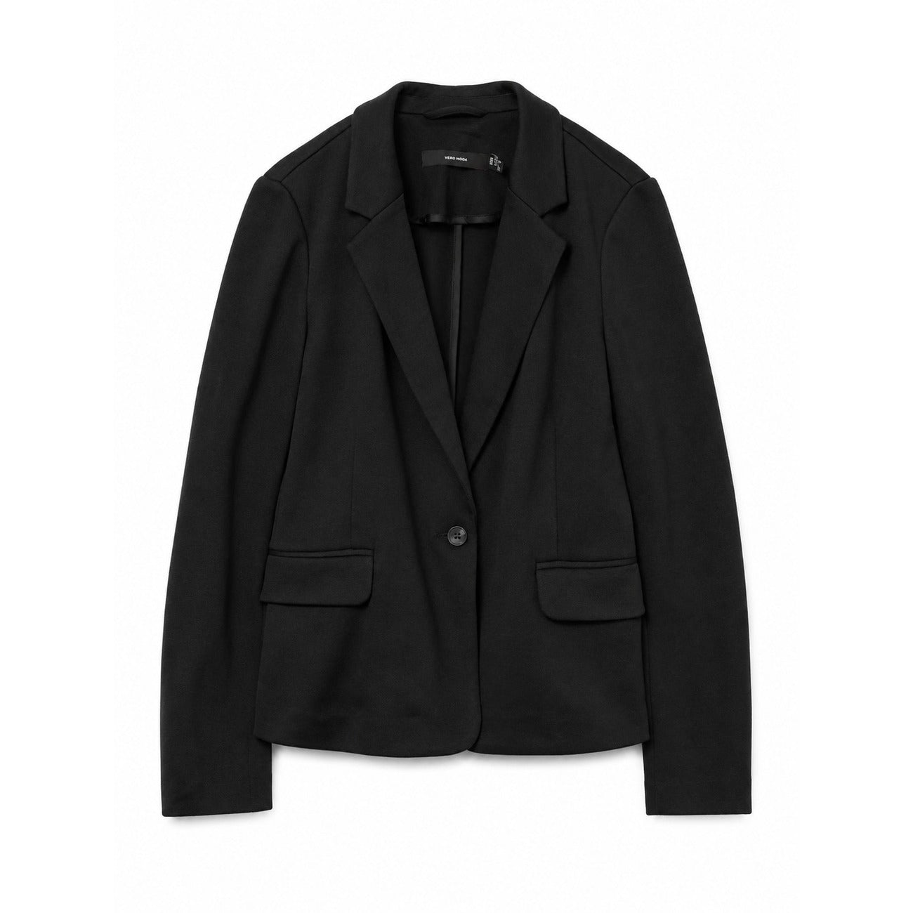Blazer Monopetto Donna Nero Vero Moda; Giacca regular fit in misto cotone e poliestere con scollo a V e colletto a reverse. Maniche lunghe e chiusura con bottoni, stile casual-chic primavera-estate. Vista stesa 