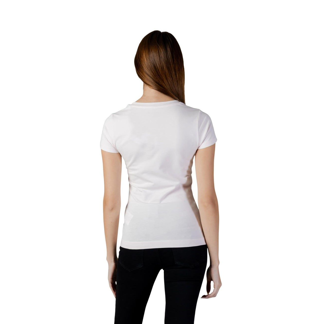 T-shirt Guess Rosa Chiaro; 95% Cotone, 5% Elastam. Logo triangolo con fiori, vestibilità slim, maniche corte. Ideale per look casual-chic Primavera/Estate. Vista posteriore 