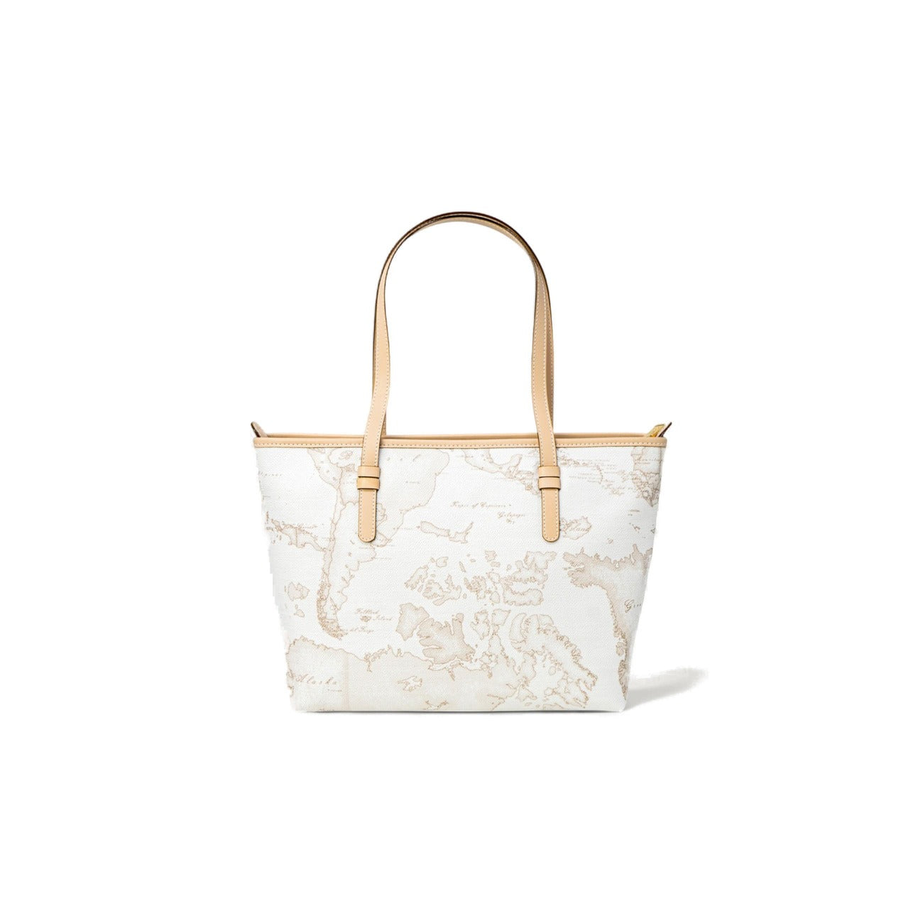 Borsa Shopper Grande Donna Alviero Martini Prima Classe; Bianco Geo White. 100% Pregiata pelle stampata, chiusura con zip e doppi manici a spalla. Struttura rigida e capiente (36x23,5 cm), stile Heritage di lusso. Posteriore 
