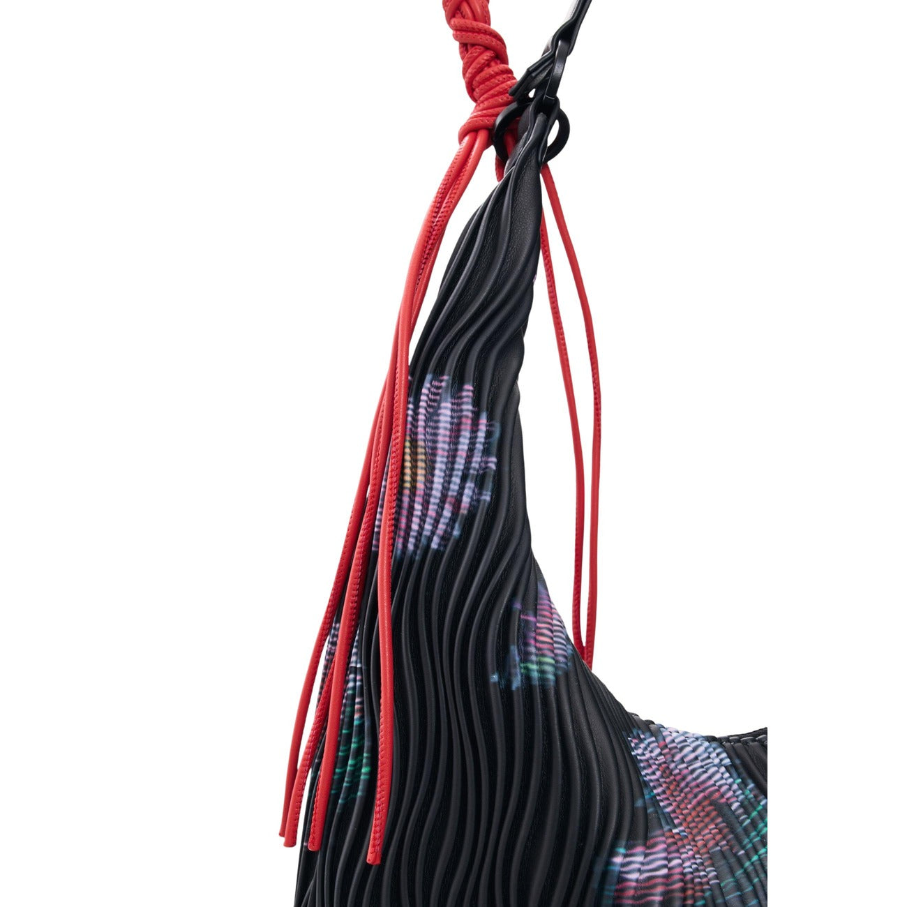 Borsa Ovale Donna Desigual SS26; Nero Multicolor. 100% Poliestere effetto pelle testurizzata, stampa a fiori astratti, chiusura con zip e tracolle intercambiabili. Misure medie e capienti (35x28 cm), stile originale. Dettaglio 