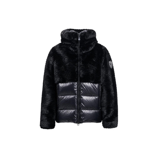 Giubbotto nero donna ecopelliccia e piumino Blauer. 26WBLDC02304. Piumino corto nero bimateriale con cappuccio con coulisse, caldo imbottito e scudetto glitter.