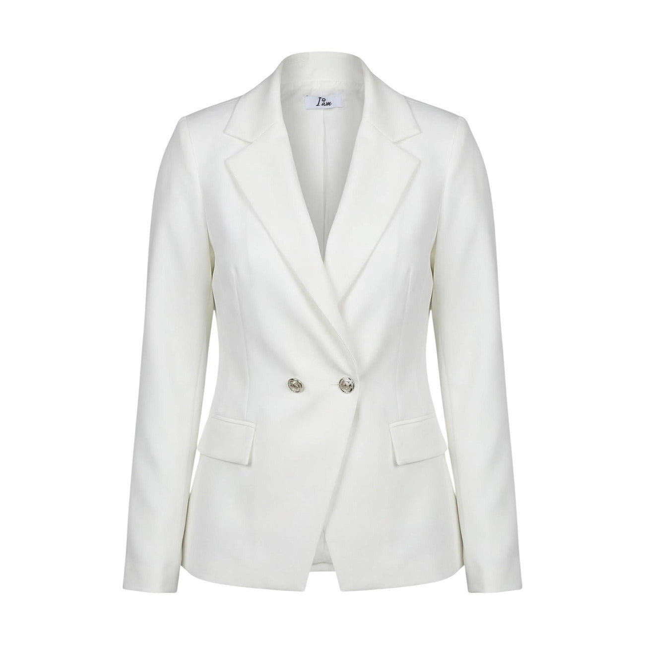 Blazer Doppiopetto I AM; 88% Poliestere, 12% Elastan. Colore Panna, Slim Fit, bottoni metallici, revers a lancia. Giacca donna elegante, leggera e antipiega, Made in Italy. Vista stesa 