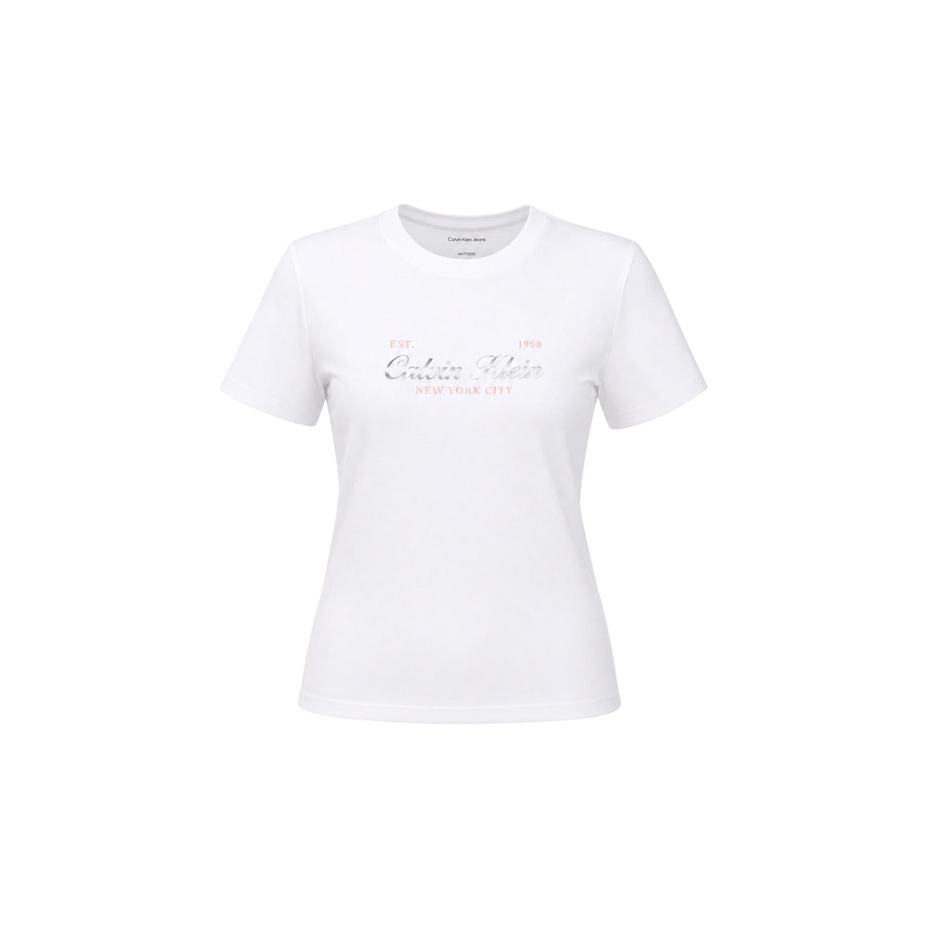 T-shirt Donna Bianca Calvin Klein Jeans; 100% Cotone. Taglio regular fit, maniche corte e scollo tondo. Stampa frontale nera logo 'Est. 1968 New York City', tessuto leggero stile casual-urban. Vista 