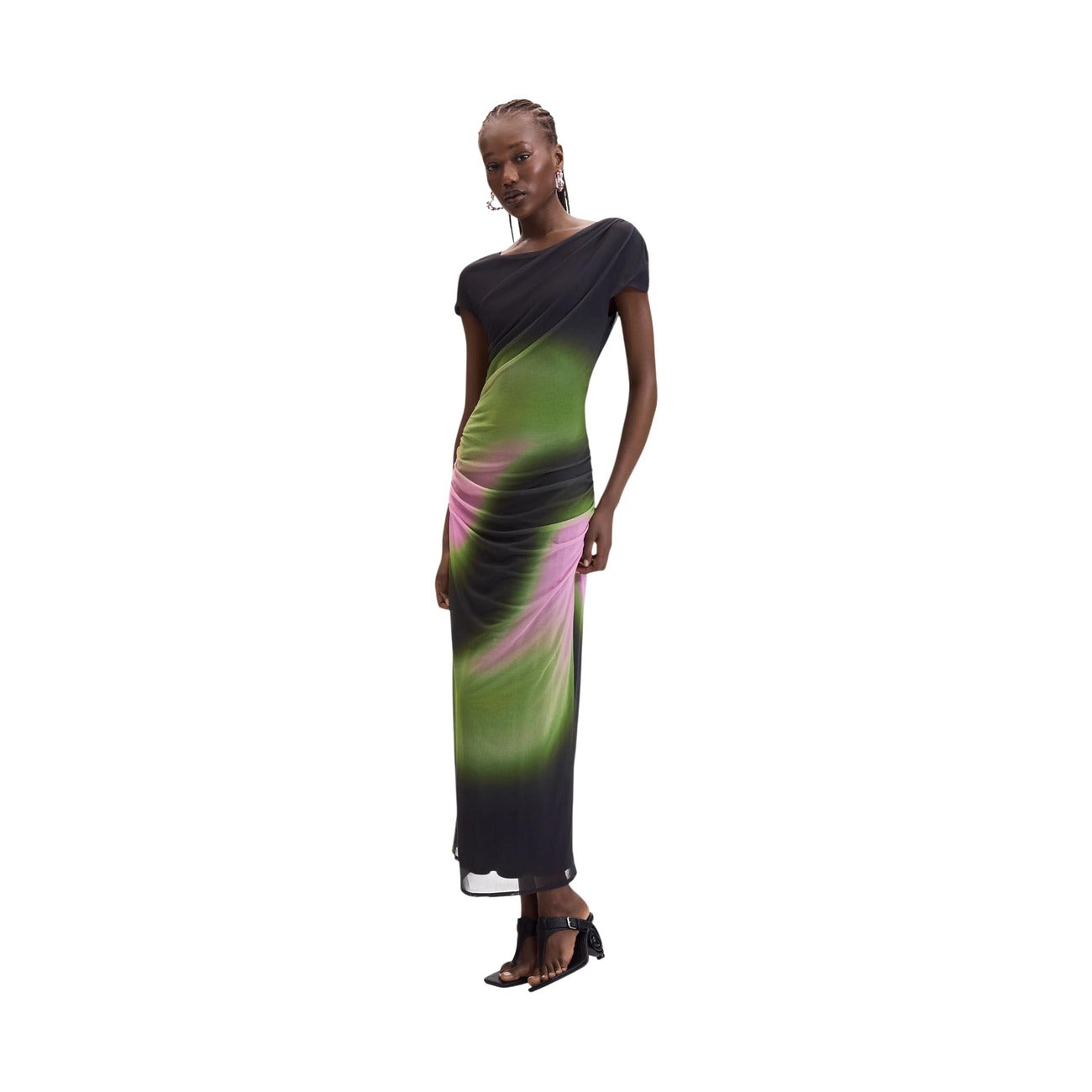 Vestito lungo Desigual vest_Cracovia verde e viola. Abito lungo da donna in tessuto tulle aderente con stampa grafica artistica, giromaglie, manica corta e taglio dritto fino alle caviglie, abbigliamento donna autunno inverno.