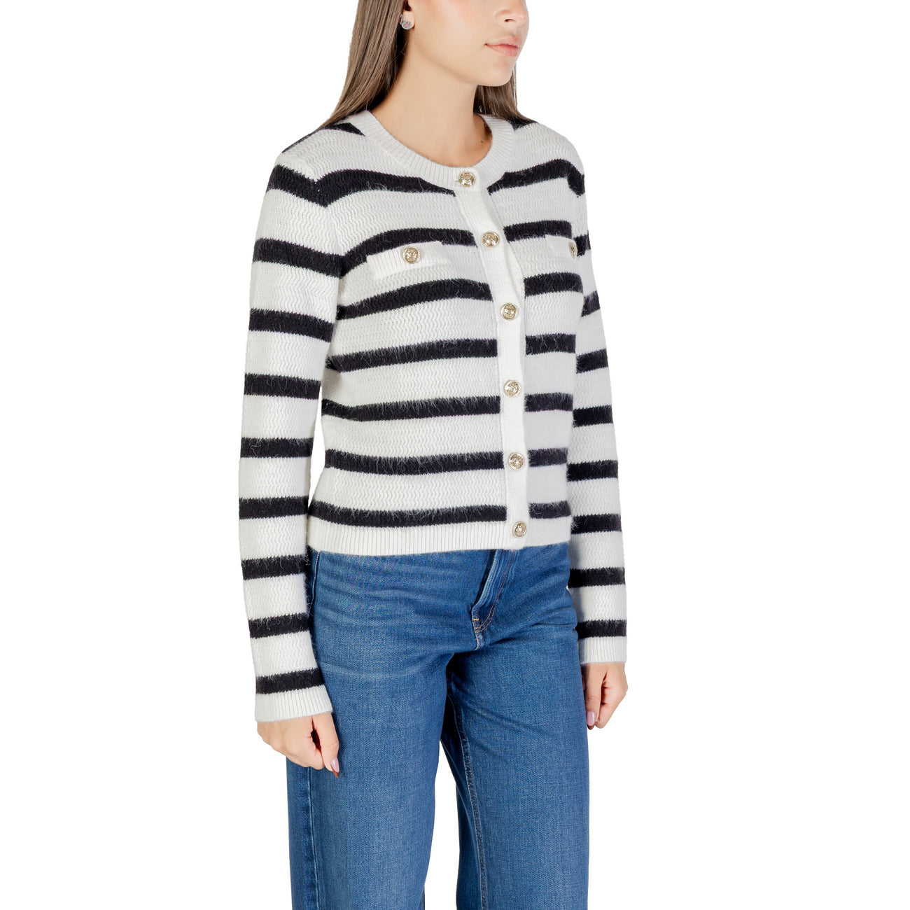 Morgan De Toi Maglioncino Donna Bianco a Righe in 40% Acrilico 30% Poliammide 30% Poliestere con Bottoni Manica Lunga 491655