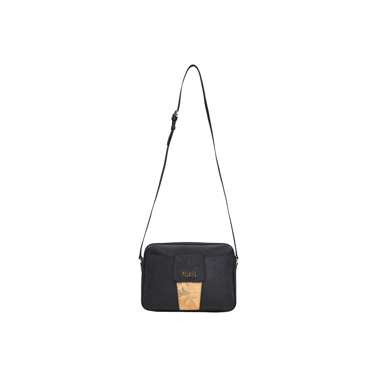 Tracollina reporter in ecopelle goffrata stampa saffiano chiusa con zip. Inserto frontale in tessuto Geo Classic. Tracolla regolabile. Luce tracolla con fibbia nel foro centrale: 54 cm. 21 x 15 x 6 cm. Vista frontale