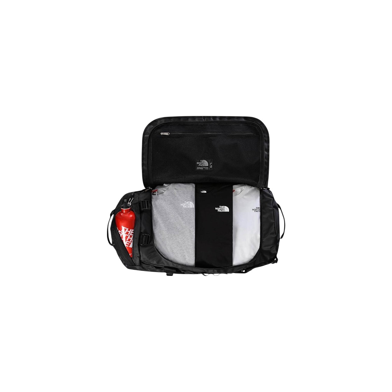 Borsone The North Face Base Camp L; Nero, 100% Riciclato. Capacità 95L, idrorepellente, trasformabile in zaino. Cinghie di compressione e tasche extra. Ideale per viaggi lunghi e attrezzatura sportiva. Vista aperta 