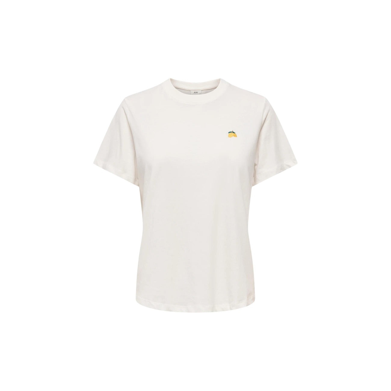 JDYPisa S/S Print Top; 100% cotone, ricamo cuore minimalista, colore bianco. La t-shirt basic essenziale con un tocco femminile. Vista frontale stesa 