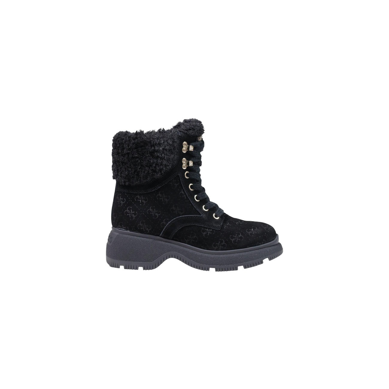 Stivaletti anfibi Guess Vikki FLFVIK SUE10 donna. Scarponcini invernali effetto velluto con logo impresso, risvolto caldo in ecopelliccia imbottita, tacco comodo 6 cm e suola carro armato antiscivolo. Nero
