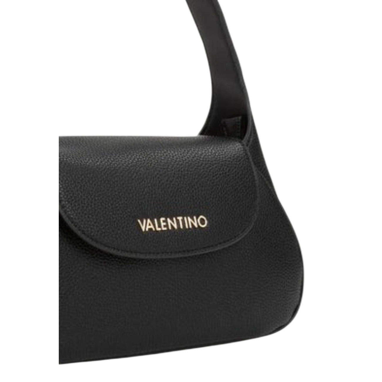 Flap Bag nera Valentino Bags Daphne RE, superficie testurizzata, logo gold frontale e tracolla regolabile; borsa a spalla media con interno organizzato e chiusura a patta. Vista frontale Dettaglio logo 