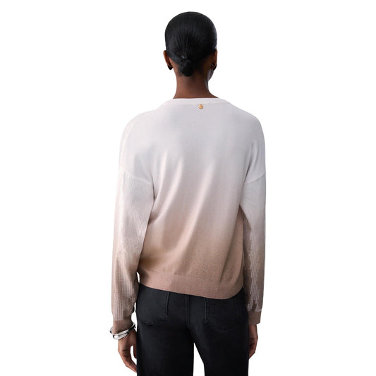 Maglione Liu Jo donna beige scollo V. Pullover elegante in sfumatura dégradé 80% viscosa con dettagli luminosi in paillettes ricamate e finiture a costine per l'autunno/inverno.