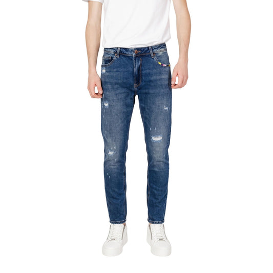 Jeans uomo slim fit blu Gianni Lupo GL6538Q. Pantaloni denim elasticizzati quattro stagioni con abrasioni e dettagli effetto usurato.