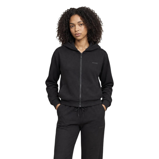 Felpa nera con zip e cappuccio donna Guess Elsa V6BQ19 K6364. Felpa sportiva mezza stagione in tessuto morbido lyocell nero con cappuccio e logo Guess frontale.