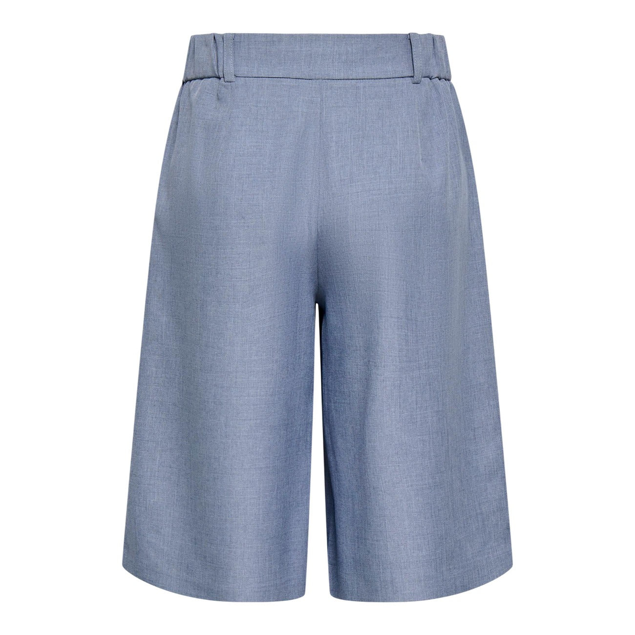 Only Onllinda Long Shorts; Blu Melange. 50% Poliestere Riciclato. Vita alta elastica, taglio lungo ampio, pieghe anteriori. Tessuto leggero e sostenibile, stile casual-elegante. Posteriore stesa 