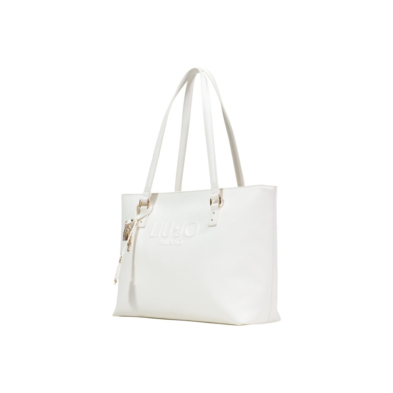 Liu Jo Tote Large ECS; borsa panna a spalla capiente in similpelle, design versatile con dettagli metallici e logo distintivo, perfetta per contenere tutto il necessario quotidiano. Vista frontale Laterale 