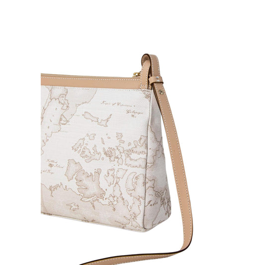 Borsa Tracolla Geo White Alviero Martini; Bianco. Dettagli in pelle, chiusura con zip, tracolla regolabile. Dimensioni compatte (21x16 cm), stile sofisticato e luminoso per ogni stagione. Dettaglio stampa 