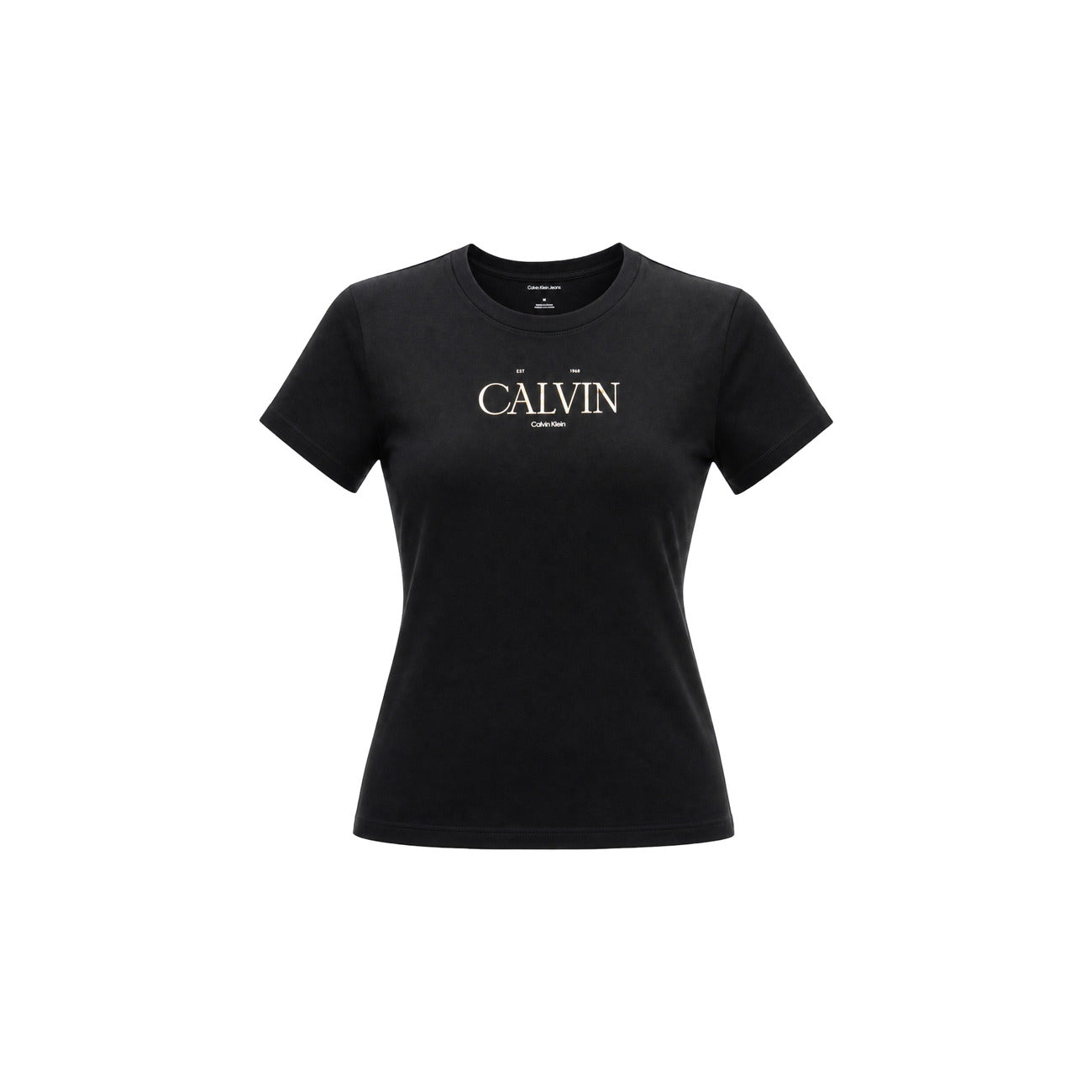 T-shirt Donna Nera Calvin Klein Jeans; 100% Cotone. Taglio dritto regolare, maniche corte e scollo a girocollo. Logo grafico Calvin Klein stampato sul petto, tessuto leggero stile casual-urban. Frontale stesa 