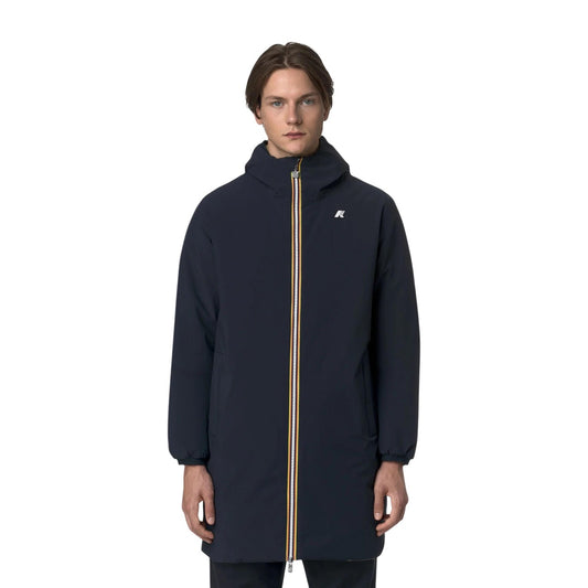 Giambotto impermeabile uomo K-Way Jacob K6128WW reversibile. Capospalla 3/4 da uomo con lato esterno blu impermeabile e lato interno beige antivento, imbottitura leggera in ovatta, cappuccio e cuciture termonastrate, abbigliamento autunno inverno.