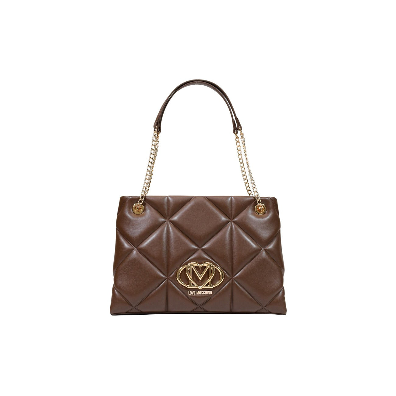 Borsa Love Moschino donna marrone a spalla modello JC4040PP1. Borsa grande trapuntata effetto pelle marrone cioccolato con manici a catena oro e cerniera stile casual chic, elegante e da giorno.