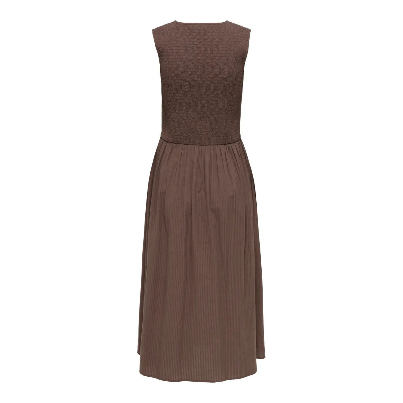 Abito Lungo Donna Marrone Only; Vestito smanicato in cotone tinta unita con scollo a V e dettaglio smock sul busto. Taglio fluido regular fit leggero, stile casual-chic per la primavera e l'estate. Vista stesa posteriore 