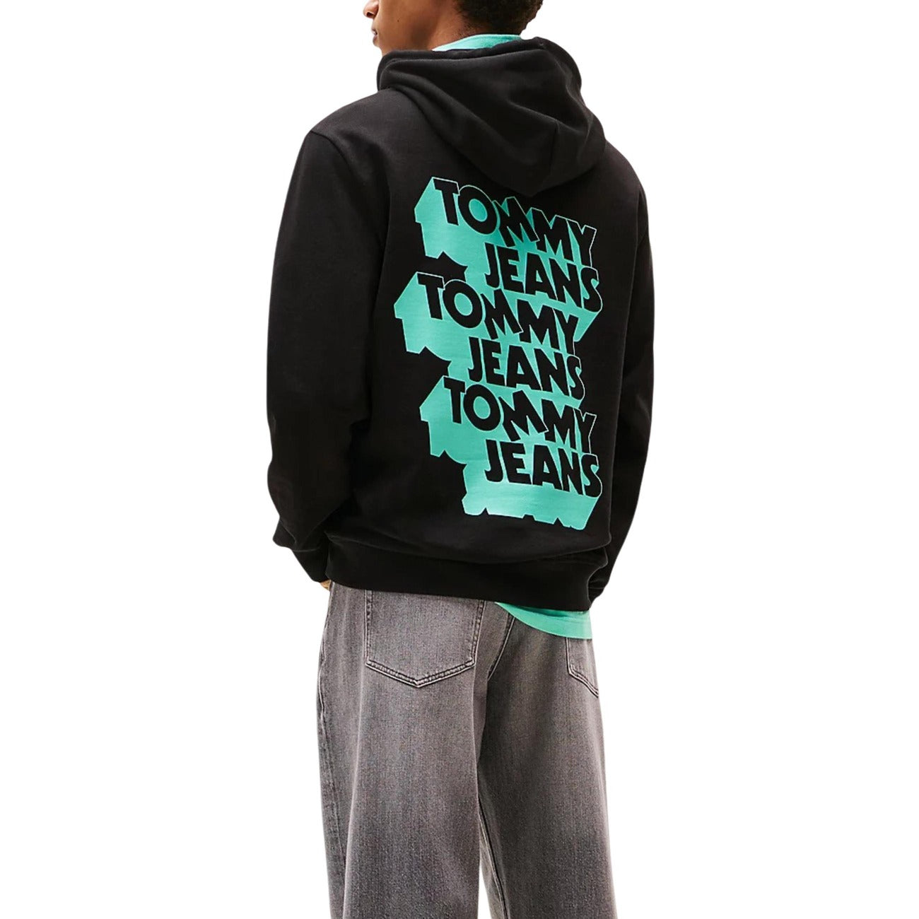 Tommy Hilfiger Jeans Felpa Cappuccio Uomo Nero Stampa Maniche Lunghe Tasca Esterna Cotone Organico 100% Autunno Inverno DM0DM21625
