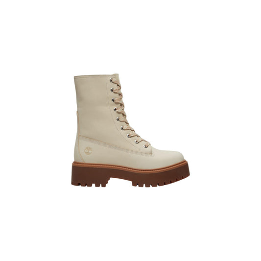 Stivali risvoltabili con plateau da donna Timberland Stone Street Mid Lace di colore beige. Modello in pelle Premium con suola alta preformata in gomma e soletta OrthoLite® Impressions.