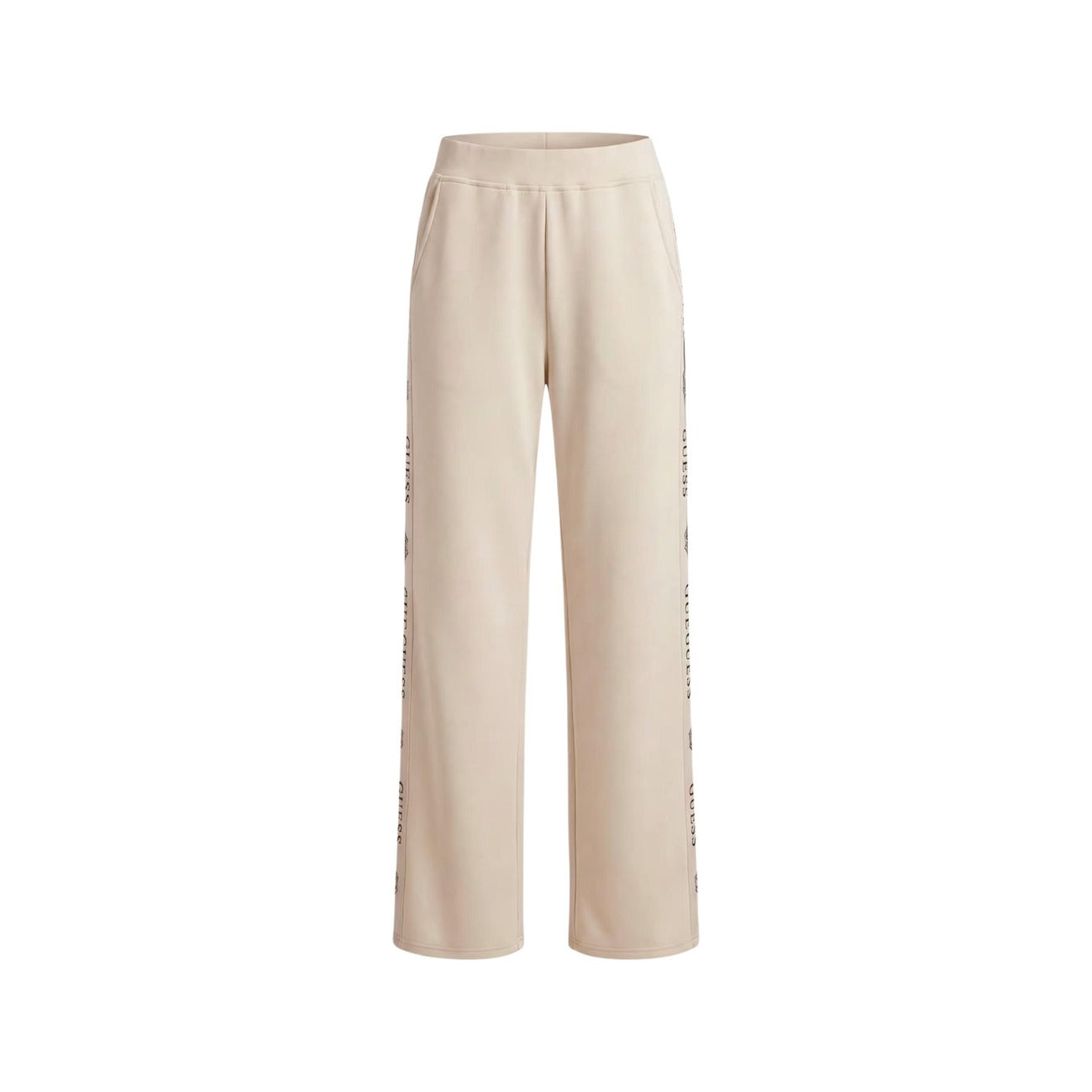 Pantaloni Guess donna beige sportivi W6GB29 K3282. Jogger wide fit morbidi in modal con fascia elastica in vita, tasche e banda con logo Guess sulla gamba, abbigliamento casual e athleisure 4 stagioni.