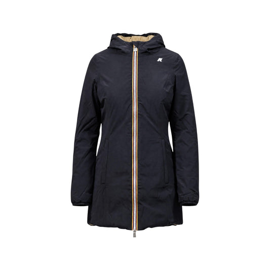 Parka K-Way donna reversibile Denise K6128UW. Giacca a tre quarti impermeabile con cappuccio regolabile, tessuto elasticizzato traspirante, imbottitura mezza stagione, tasche con zip e logo in silicone bianco.