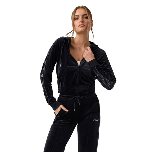 Felpa nera donna con zip e cappuccio Guess Active Amalia AMALIA FULL ZIP HOOD. Felpa sportiva elasticizzata in tessuto riciclato con applicazione strass.