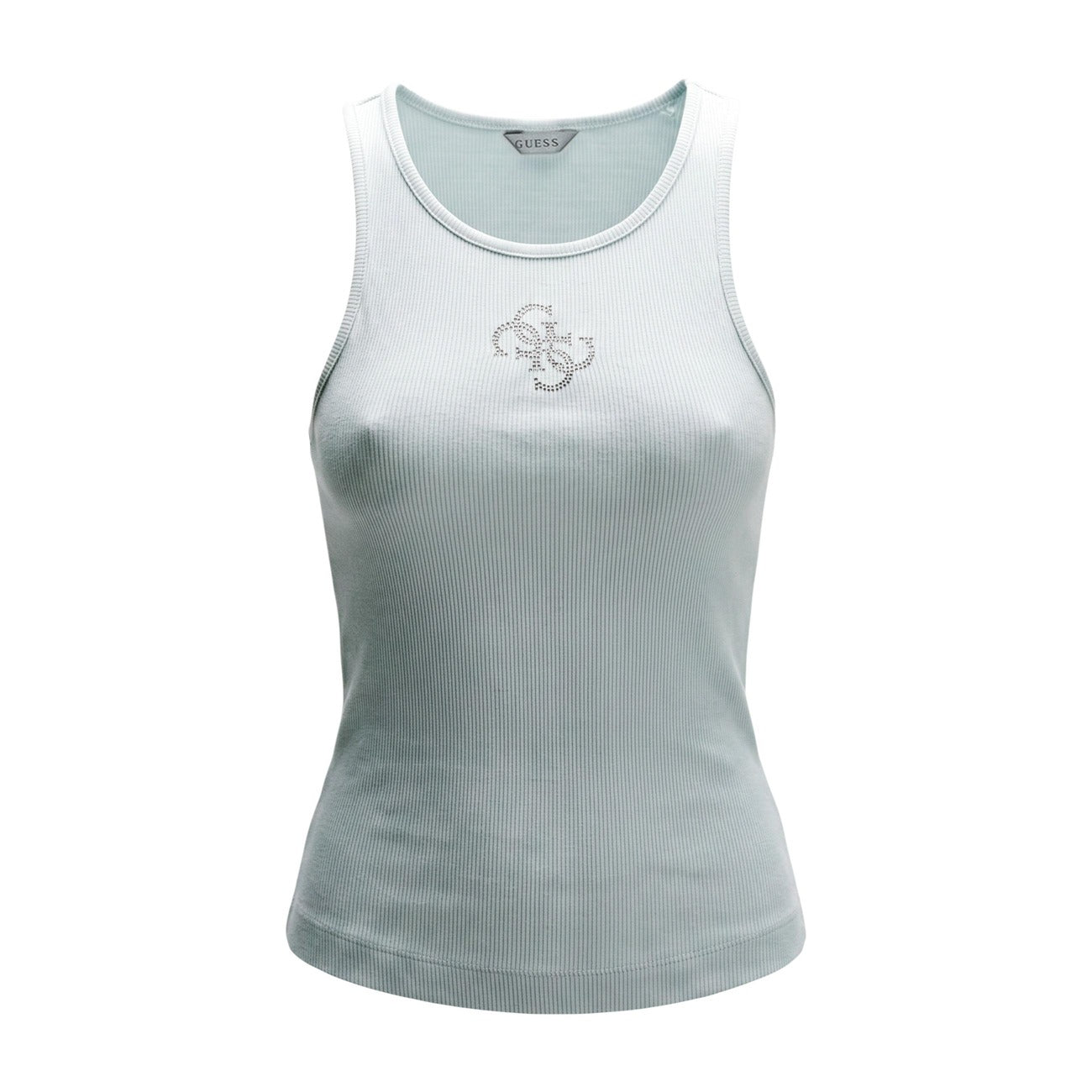 Body Guess Guendalina Verde chiaro 92% Poliestere, 8% Elastam. Vestibilità slim, senza maniche, scollo a vogatore con logo iconico. Tessuto leggero e modellante. Vista frontale stesa 