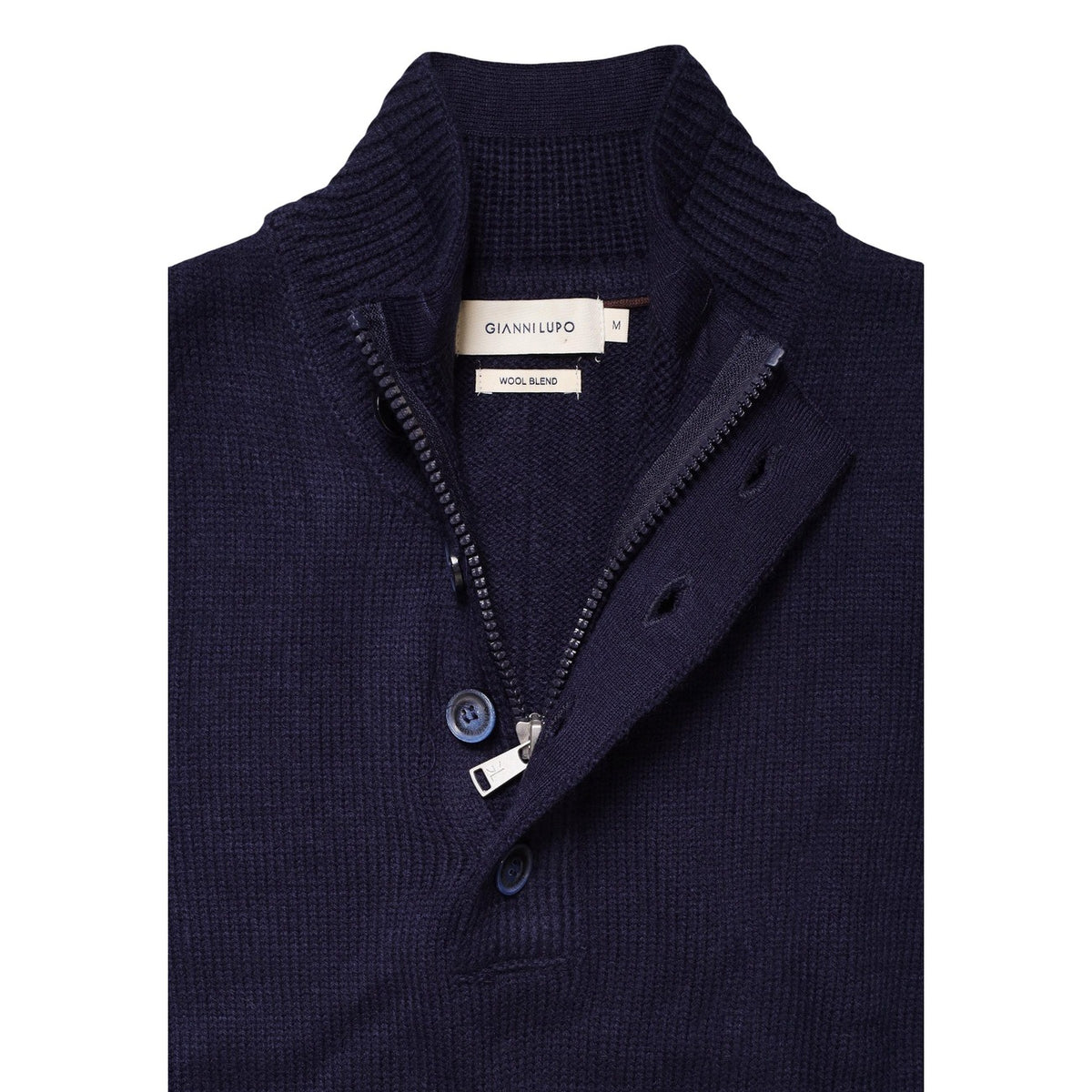Maglione uomo Gianni Lupo blu – Maglia collo alto con bottoni in misto lana GL35078-F26.