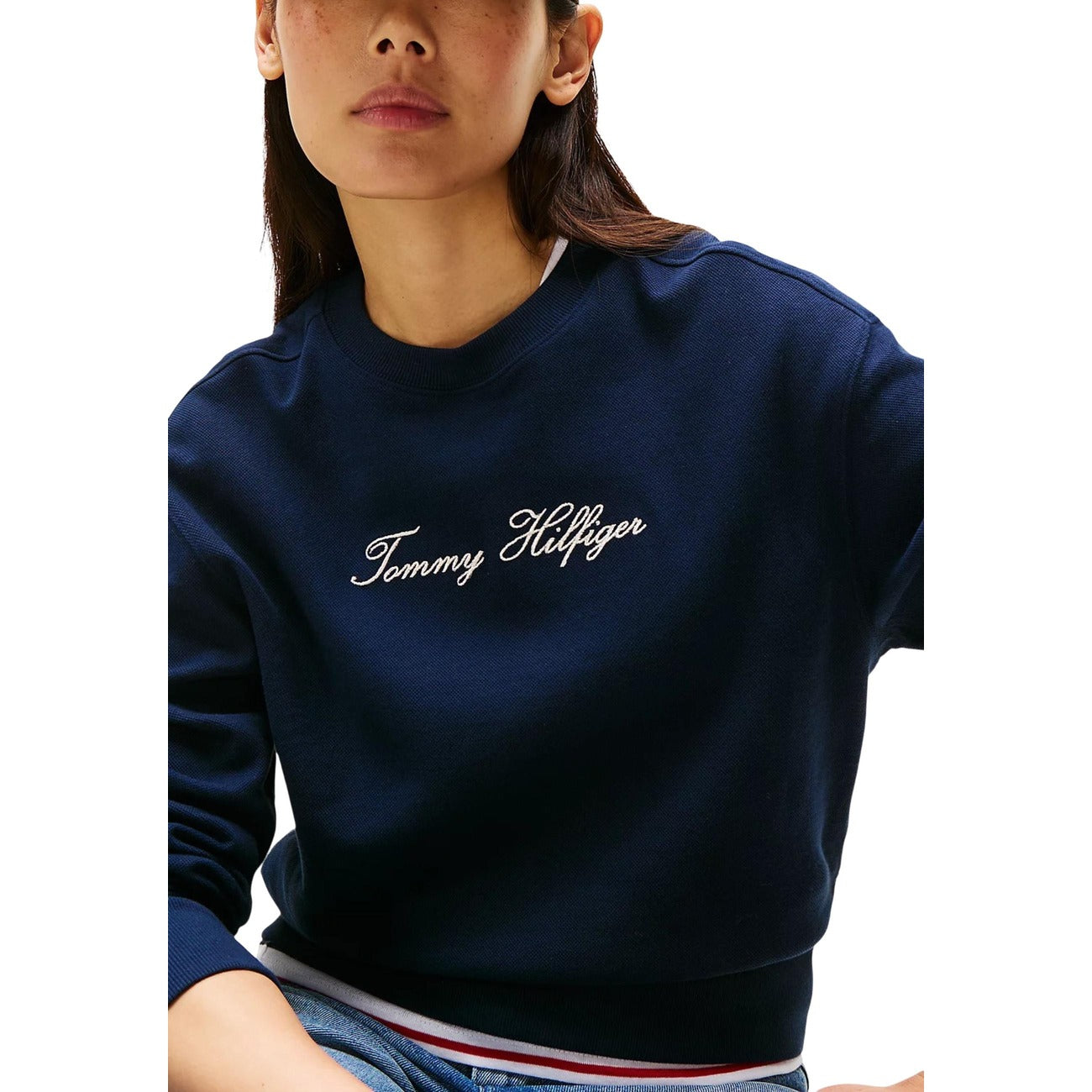 Tommy Hilfiger Felpa Donna Blu Maniche Lunghe Scollo Tondo Cotone Organico 85% Poliammide 15% Autunno Inverno WW0WW47159