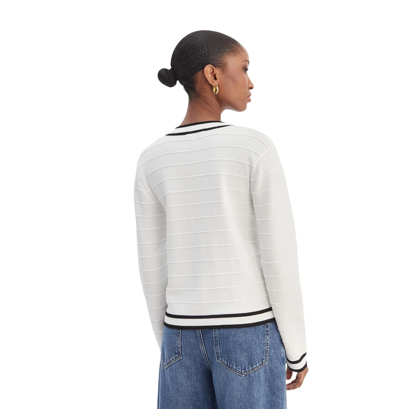 Morgan De Toi Cardigan MLIO; maglia a coste con profili bicolore e bottoni rifiniti. Un classico del guardaroba femminile, morbido e versatile. Vista posteriore 