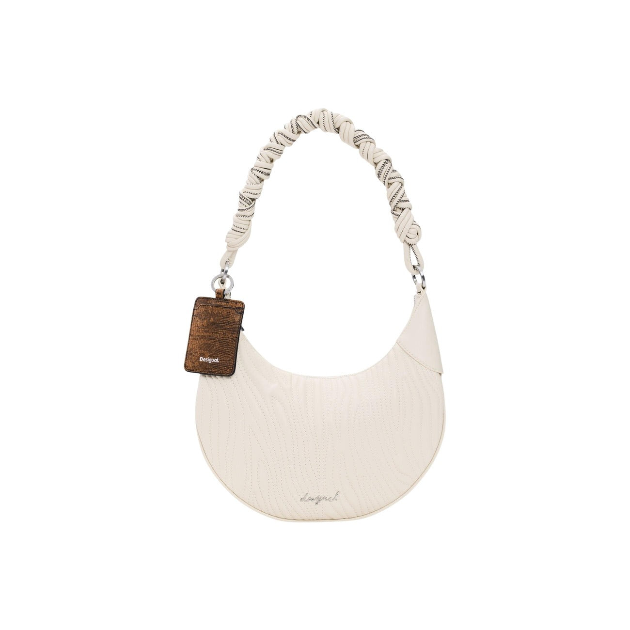 Borsa media di forma ovale con tracolle intercambiabili, una corta e l’altra più lunga in stile a tracolla, con impunture ricamate negli stessi toni e applicazione con logo metallico.
