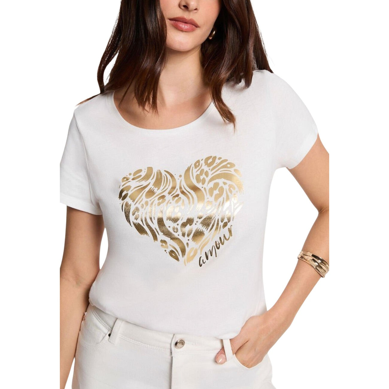 T-shirt Morgan De Toi Bianca Cuore Oro; 50% Cotone, 50% Modal. Stampa frontale lucida, maniche corte, vestibilità regular. Tessuto fluido e traspirante, stile casual-raffinato.