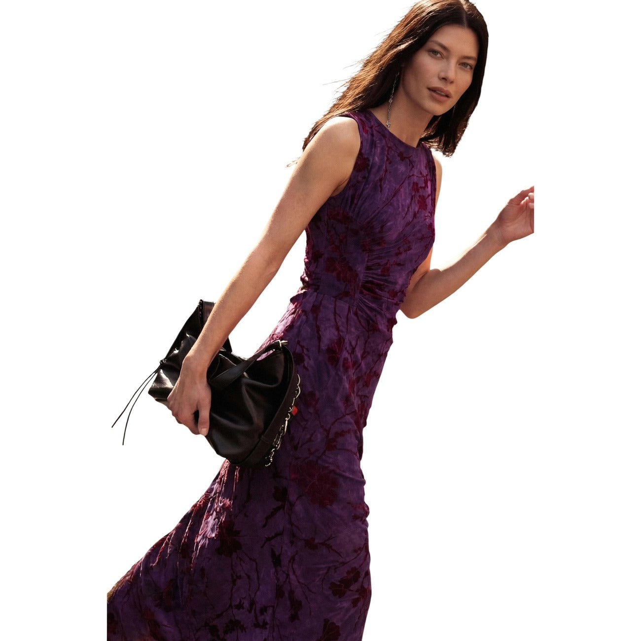 Abito Desigual donna viola Alina VEST_ALINA. Vestito midi aderente smanicato in poliestere riciclato floccato con motivo floreale orientale e dettagli drappeggiati sul davanti.