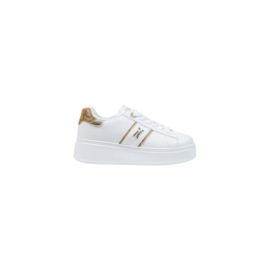Sneakers bianche platform donna Alviero Martini Prima Classe Z 1624 300E. Scarpe da ginnastica con suola alta 5 cm, dettagli dorati, mappa Geo Classic sul tacco e tomaia in sintetico bianco.