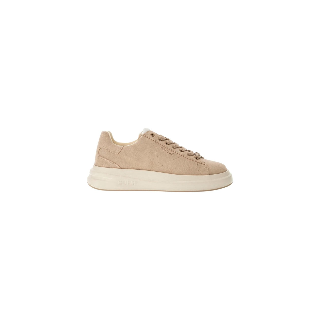 Guess Sneakers Elba Suede; scarpa sportiva beige uomo in pelle scamosciata, design pulito con suola resistente e logo iconico. Stile contemporaneo e comfort quotidiano. Vista frontale 