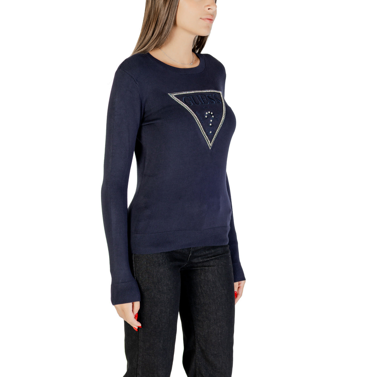 Guess Maglia Donna Blu con Stampa Strass Maniche Lunghe Scollo Tondo - Maglia Viscosa Poliammide Elastan
