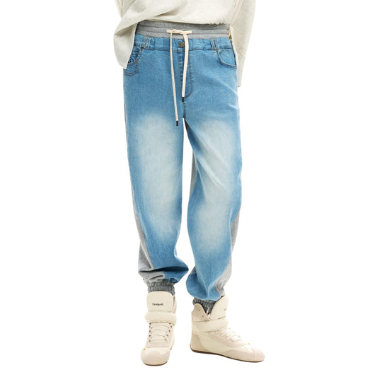 Pantaloni jogger in denim con elastico in vita, realizzati in due materiali a contrasto di colore