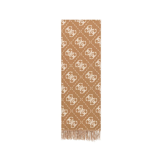 Sciarpa Guess donna logo all over AW5217 VIS03. Stola invernale bicolore in maglia morbida con loghi Guess, estremità con frange e misure 94x100 cm, collezione autunno inverno. Beige 