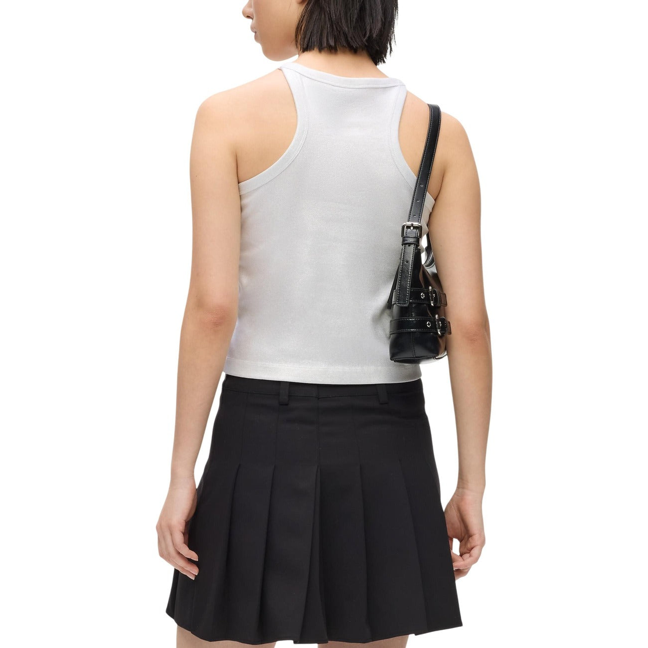Dettaglio top Karl Lagerfeld Jeans COATED RIBBED TANK donna silver con vestibilità aderente e texture a coste

