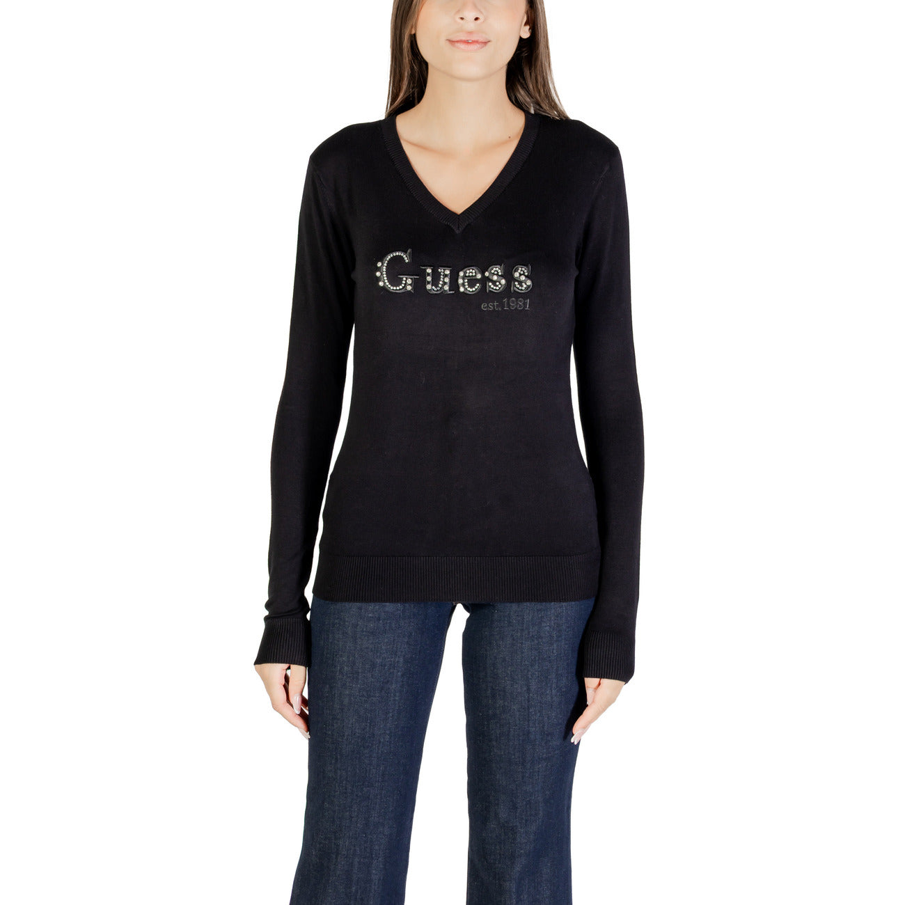 Guess Maglia Donna Blu con Strass Maniche Lunghe Scollo a V - Maglia Viscosa Poliammide Elastan