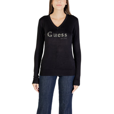Guess Maglia Donna Blu con Strass Maniche Lunghe Scollo a V - Maglia Viscosa Poliammide Elastan
