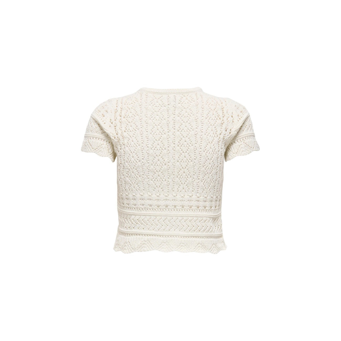 Only Onlelke Pearl Cardigan; cotone e poliestere riciclati, lavorazione a traforo, bottoni perla. La maglia raffinata e sostenibile per un look bon-ton contemporaneo. Colore panna. Vista posteriore 