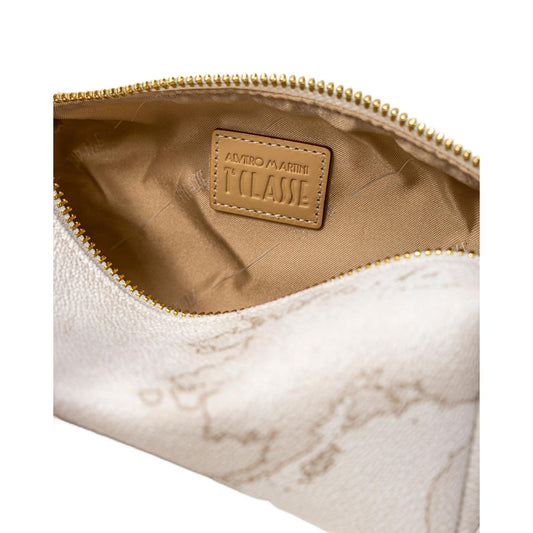 Astuccio Alviero Martini Prima Classe Geo White bianco. Pochette e beauty case squadrato da borsa in tessuto con cartina geografica bianca, finiture in pelle naturale e cerniera zip con dettagli oro, accessorio donna primavera estate Made in Italy.