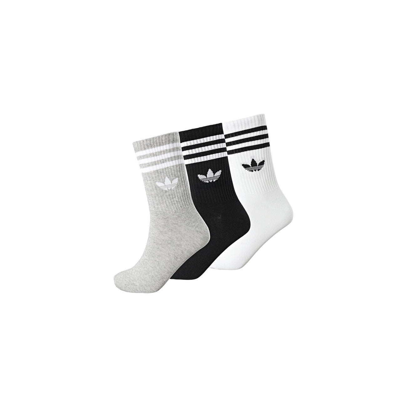 Calzini Adidas Originals 3-Pack; Misto Cotone e Fibre Riciclate. Design a tre strisce con logo Trifoglio, bordo a coste, unisex. Calze sportive resistenti e iconiche. Grigio nero e bianco